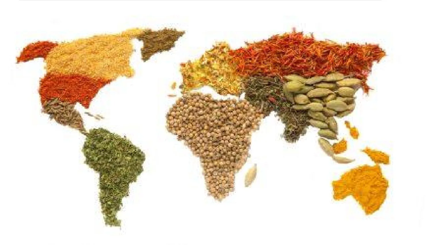 World map composed of spices, grains and seeds